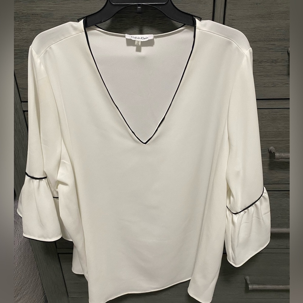 Women’s Calvin Klein White Bell Sleeve Blouse with Black Pipe Trim